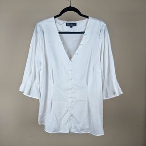 Eloquii White Pleated Sleeve Button Blouse